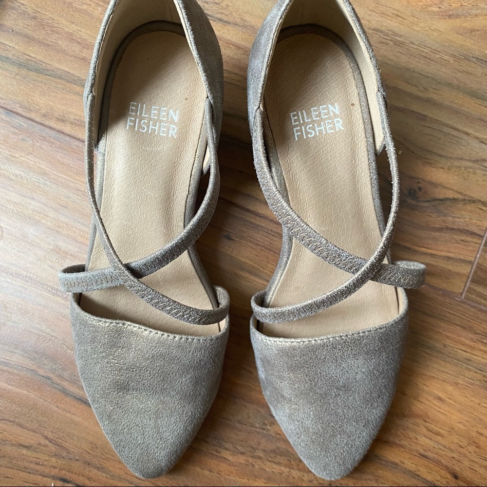 Eileen Fisher Poet Metallic Suede Criss-Cross D’Orsay Pumps Shoes 4.5 Gold